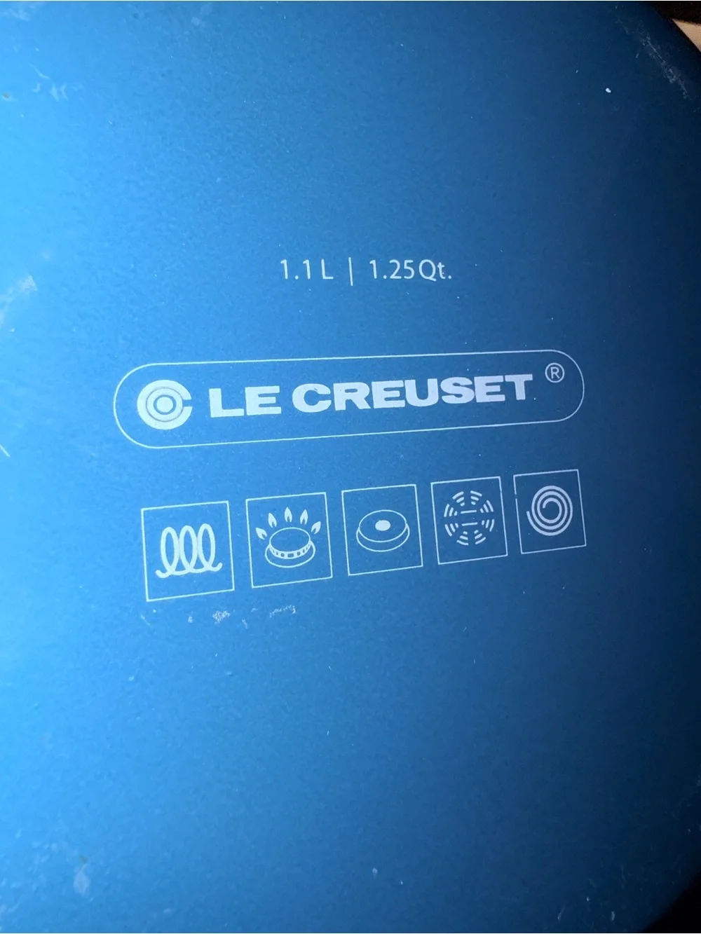 Le Creuset 1.25 Qt Whistling Tea Kettle Agave Blue Enamel on Steel w/ Gold Knob